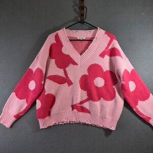 Major Label Group Pink Floral Distressed V-Neck Sweater Women's Large Comfy